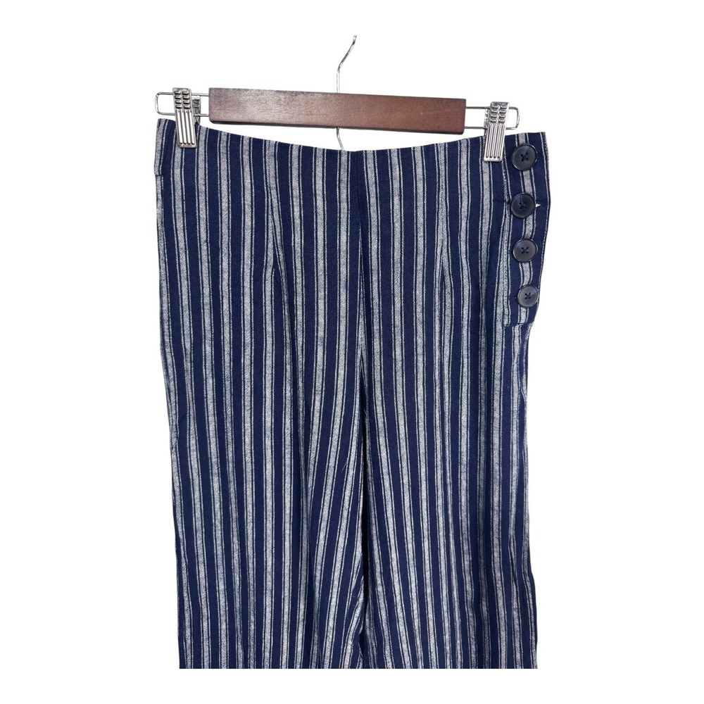 Gap Navy Blue Linen Blend Wide Leg Striped Side Button‎ Coastal Pants Size 4R - Picture 3 of 8